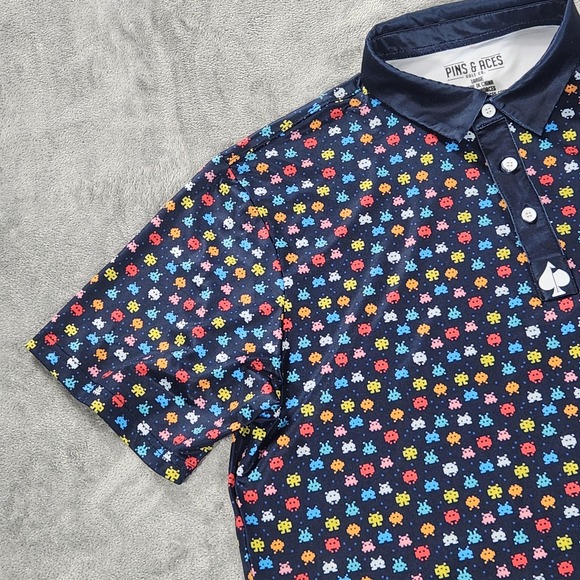 Pins & Aces Polo‎ Shirt Mens Large Space Invaders Golf Retro Gamer - Picture 4 of 11